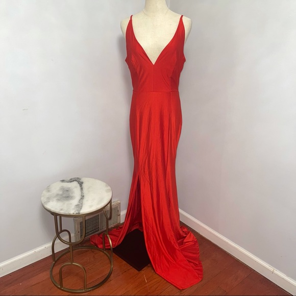 # Windsor Bright Red V Neck / V Back Stretchable Long Dress - Picture 3 of 15